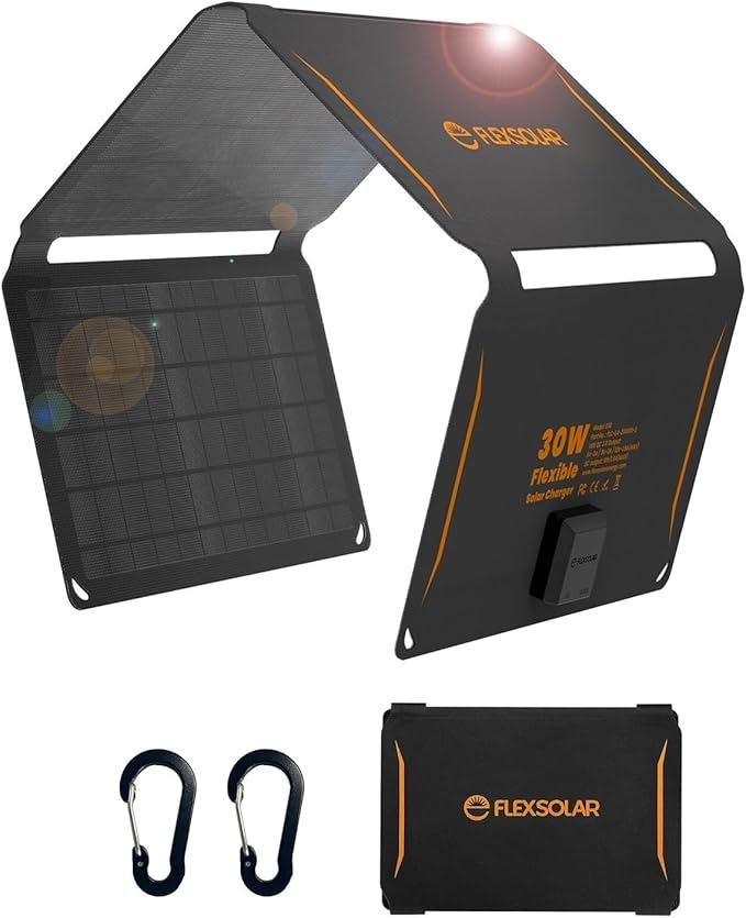 FlexSolar Solar Ladegerät 30 W tragbares (19,8 V/1,6 A max), wasserdicht, IP67 faltbares Solarpanel mit USB A/C QC 2.0 Anschluss, kompatibel mit Netzstation, Handy für Outdoor, Camping, Wandern