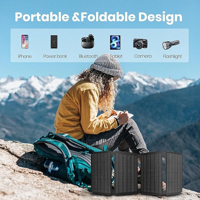 FlexSolar Solar Ladegerät 30 W tragbares (19,8 V/1,6 A max), wasserdicht, IP67 faltbares Solarpanel mit USB A/C QC 2.0 Anschluss, kompatibel mit Netzstation, Handy für Outdoor, Camping, Wandern