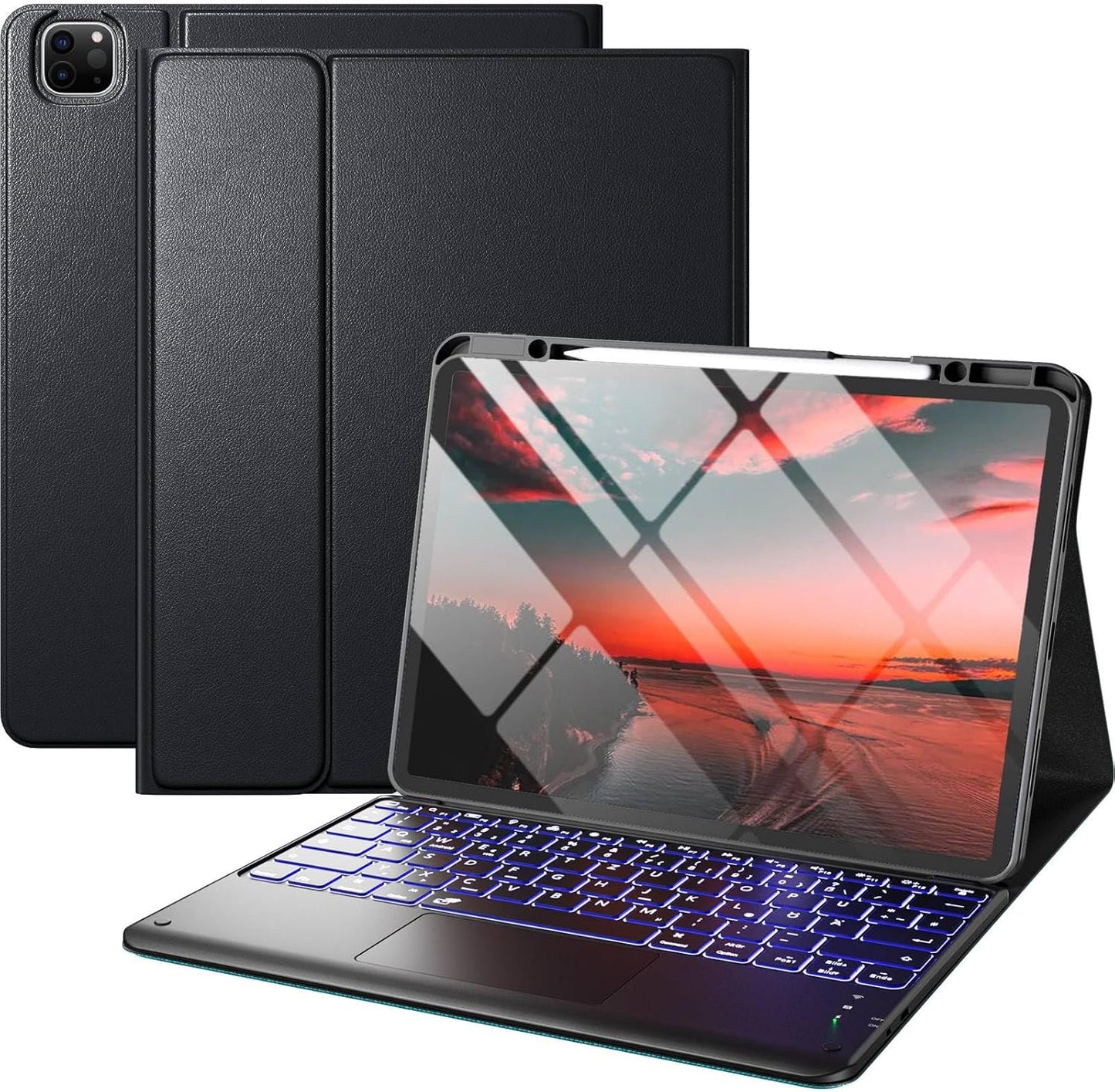 Vobafe iPad Pro 12.9 Hülle mit Tastatur und Touchpad, 7 Farben Beleuchtung, Abnehmbare QWERTZ Tastatur, mit Stifthalter