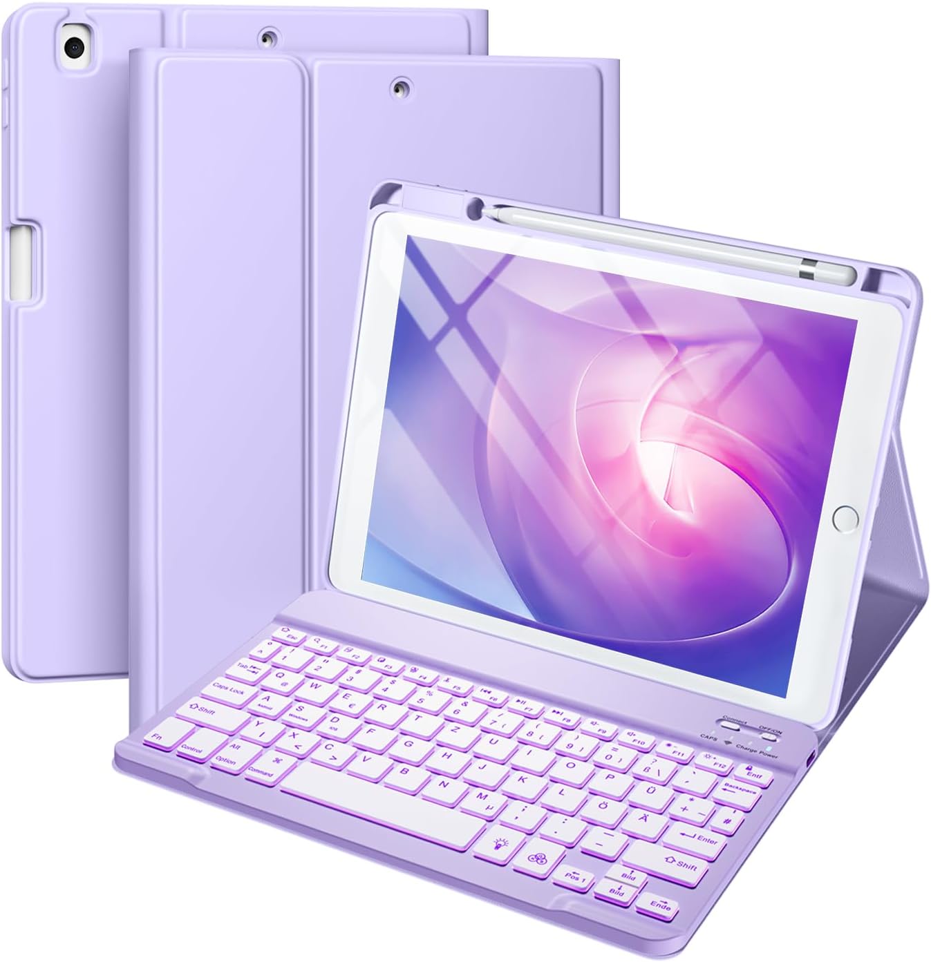Vobafe iPad Pro 12.9 Hülle mit Tastatur und Touchpad, 7 Farben Beleuchtung, Abnehmbare QWERTZ Tastatur, mit Stifthalter