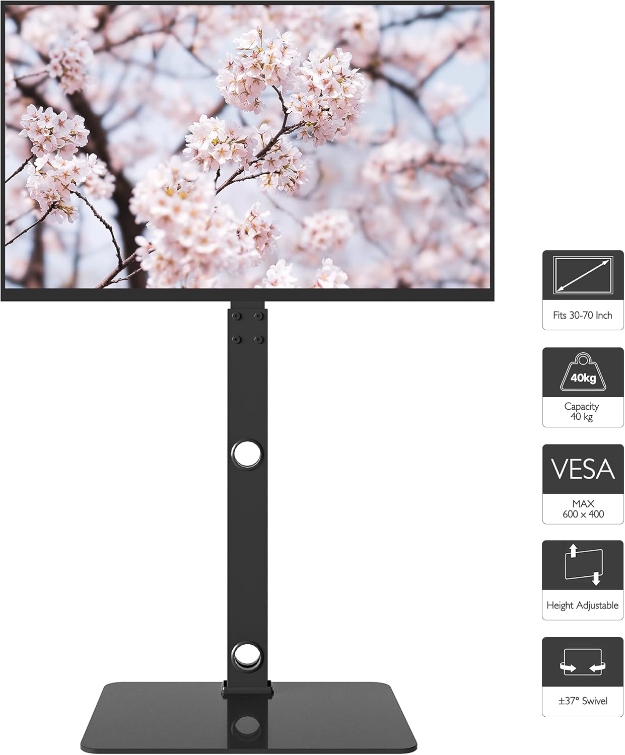 BONTEC TV Ständer Standfuß Fernsehstand für 30-70 Zoll Flach & Curved Fernseher bis zu 40 kg, Schwenkbar & Höhenverstellbar, TV Bodenständer, Max. VESA 600 x 400 mm