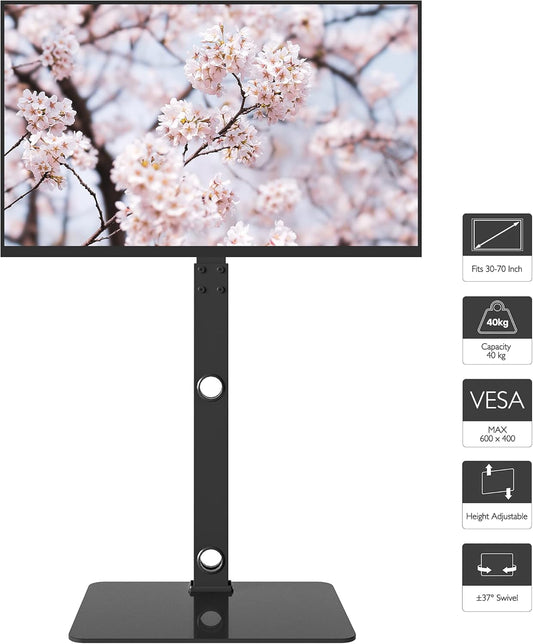 BONTEC TV Ständer Standfuß Fernsehstand für 30-70 Zoll Flach & Curved Fernseher bis zu 40 kg, Schwenkbar & Höhenverstellbar, TV Bodenständer, Max. VESA 600 x 400 mm