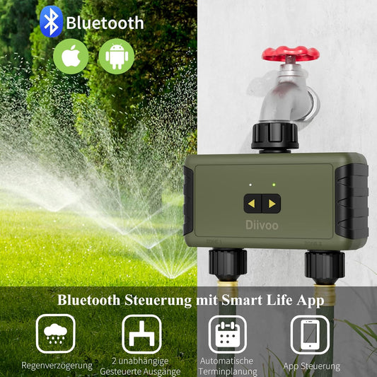 Diivoo Bewässerungscomputer Bluetooth/ 2 Ausgänge, Bewässerungsuhr Zeitschaltuhr