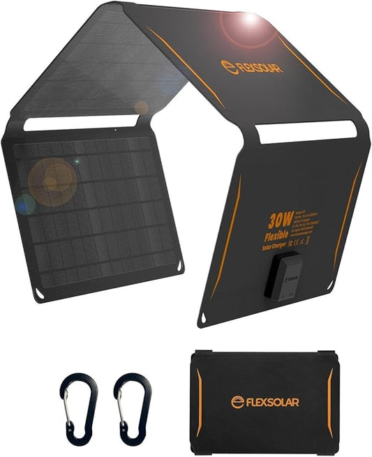 FlexSolar Solar Ladegerät 30 W tragbares (19,8 V/1,6 A max), wasserdicht, IP67 faltbares Solarpanel mit USB A/C QC 2.0 Anschluss, kompatibel mit Netzstation, Handy für Outdoor, Camping, Wandern