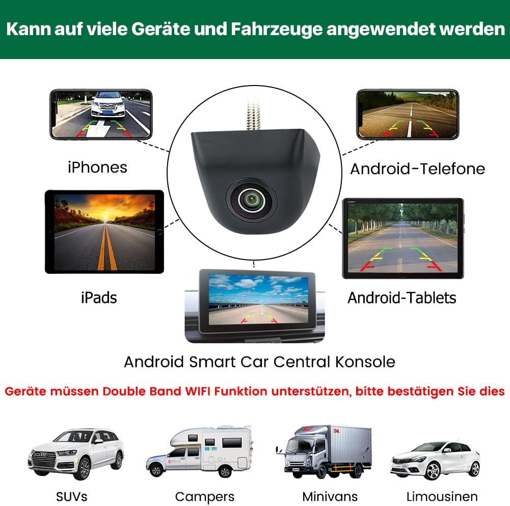 GreenAuto WiFi Rückfahrkamera, 5G 720P HD mit 160 Grad Weit Betrachtungswinkel