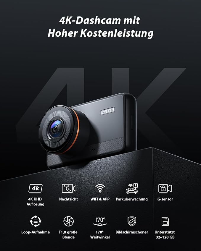 iZEEKER 4K Dashcam Auto, 2160P WiFi Dash Cam Autokamera, Nachtsicht-Dashcam mit Loop-Aufnahme, G-Sensor Auto Lock, 24h Parkmodus, WDR