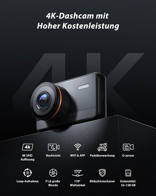 iZEEKER 4K Dashcam Auto, 2160P WiFi Dash Cam Autokamera, Nachtsicht-Dashcam mit Loop-Aufnahme, G-Sensor Auto Lock, 24h Parkmodus, WDR